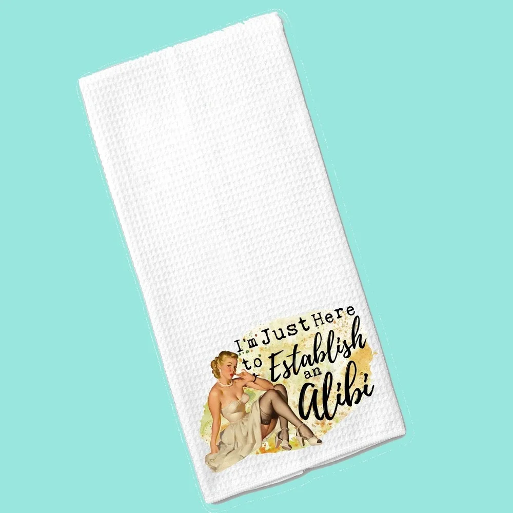 Vintage Pin Up Alibi Waffle Weave Kitchen Towel White Retro Hand Towel 16x24